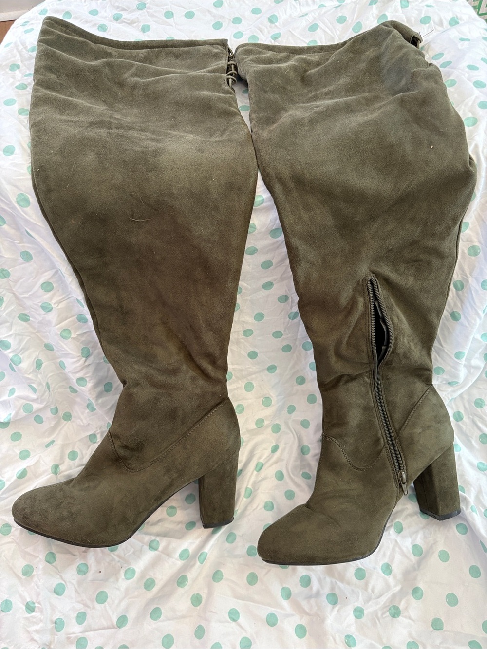 Over-the-Knee Chunky Heel Boots in Olive Faux Suede
